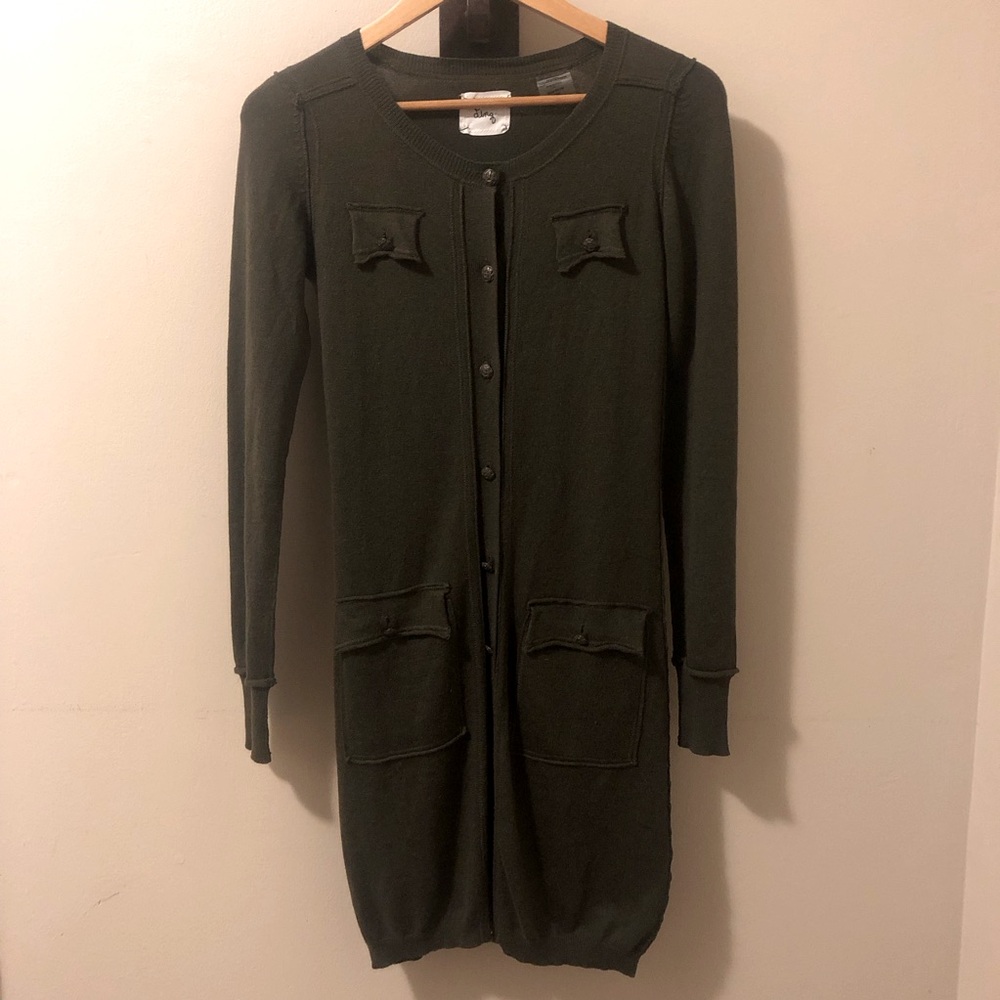 LinQ. Button Front Silk-Cashmere Blend Sweater Dress,Size-XS,Color-Army Green